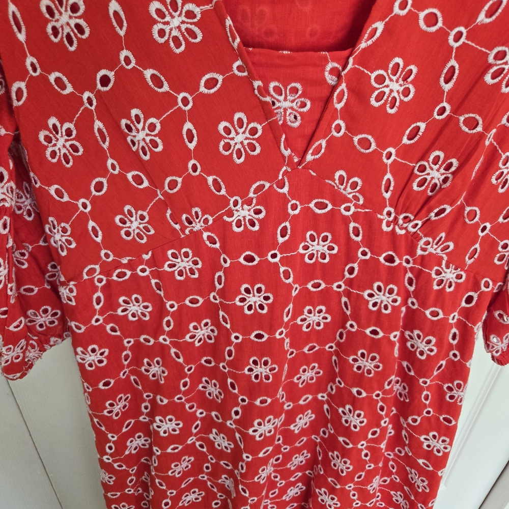 Vibrant Orange Red V-Neck Puff Sleeve Sundress - Picture 4 of 13